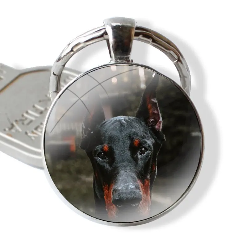 Black animal Doberman Pinscher Dog Glass Metal Pendant Key Chain Classic Men Women Key Ring Accessories Jewelry Gifts