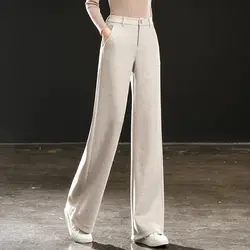 Autumn Winter New Women Woolen Pants Solid Zipper High Waist Pockets Temperament Fashion Casual Warm Slim Straight Trousers