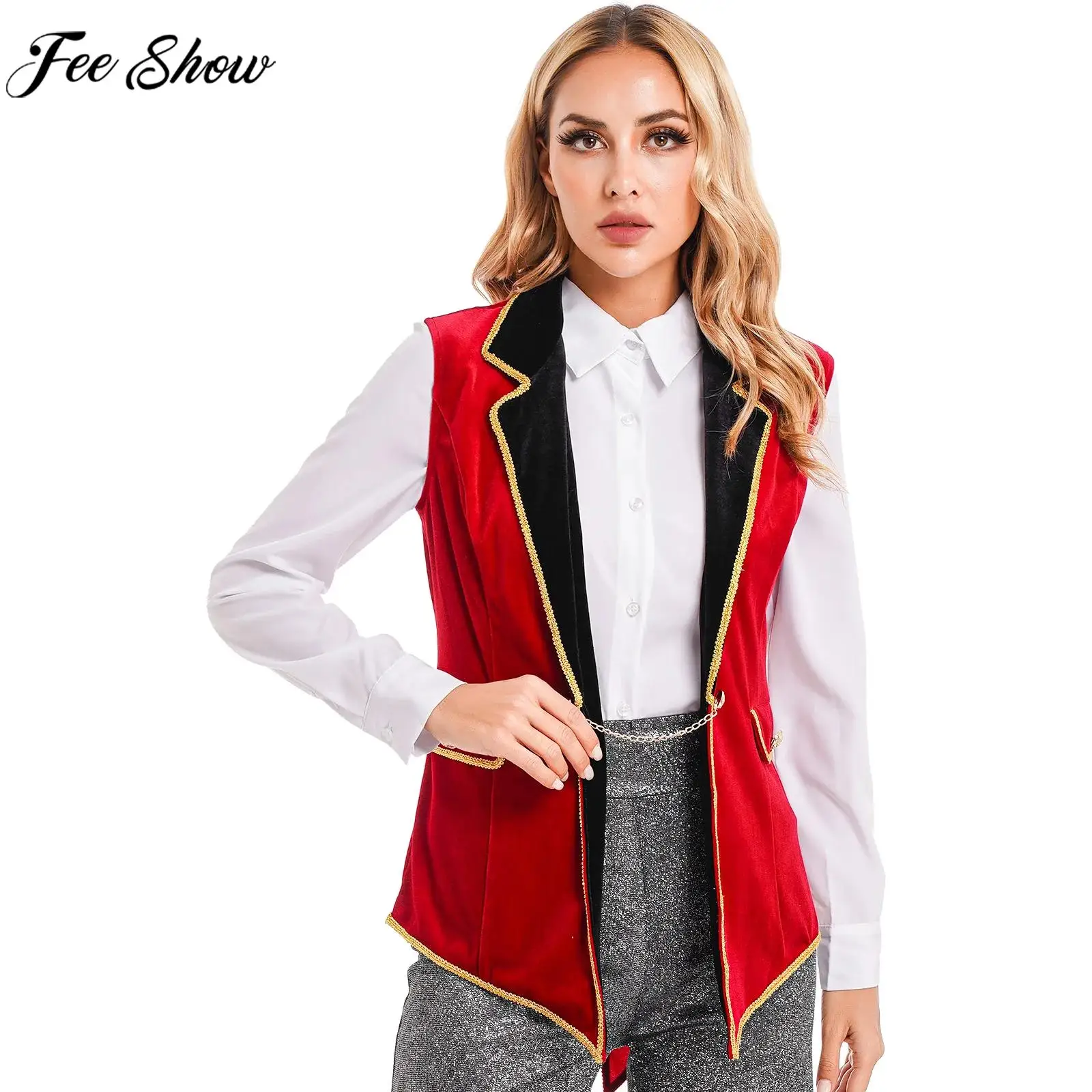 

Women Sleeveless Lapel Velvet Jacket Tailcoat Halloween Carnival Theme Party Circus Ringmaster Cosplay Stage Performance Costume