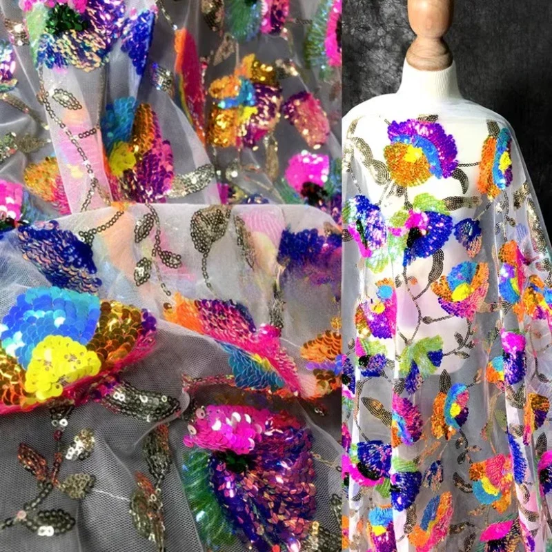 Colorful Crystal Sequins  Clustered Flowers  Sparkling Mesh Dress  High-end Customized Dress  Designer Embroidered Fabric