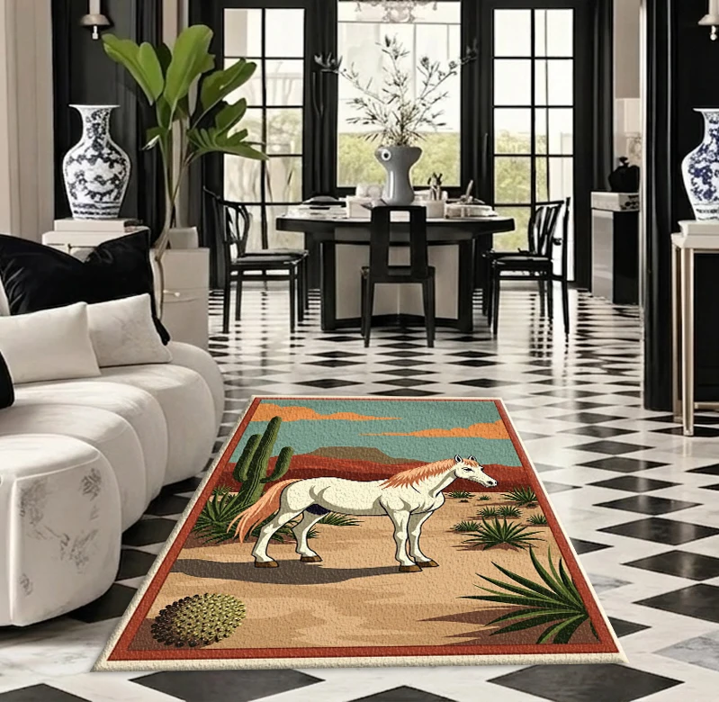 Vintage Western Desert Horse Cactus Rug Floor Tile Vintage Southwest Style Printed Square Carpet Suitable for Home Art Decoration