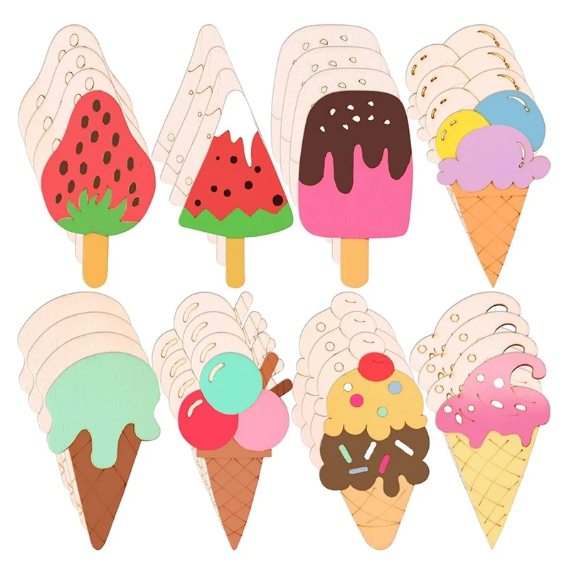 Fatias de madeira inacabadas para Ice Cream, Artesanato DIY, Decoração Home, 8 estilos, 32 PCs