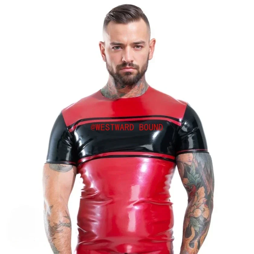 تخصيص اللاتكس تي شيرت أزياء الرجال أحمر أسود اللاتكس قصيرة الأكمام أعلى المطاط اليدوية المطاط clubwear زي #1