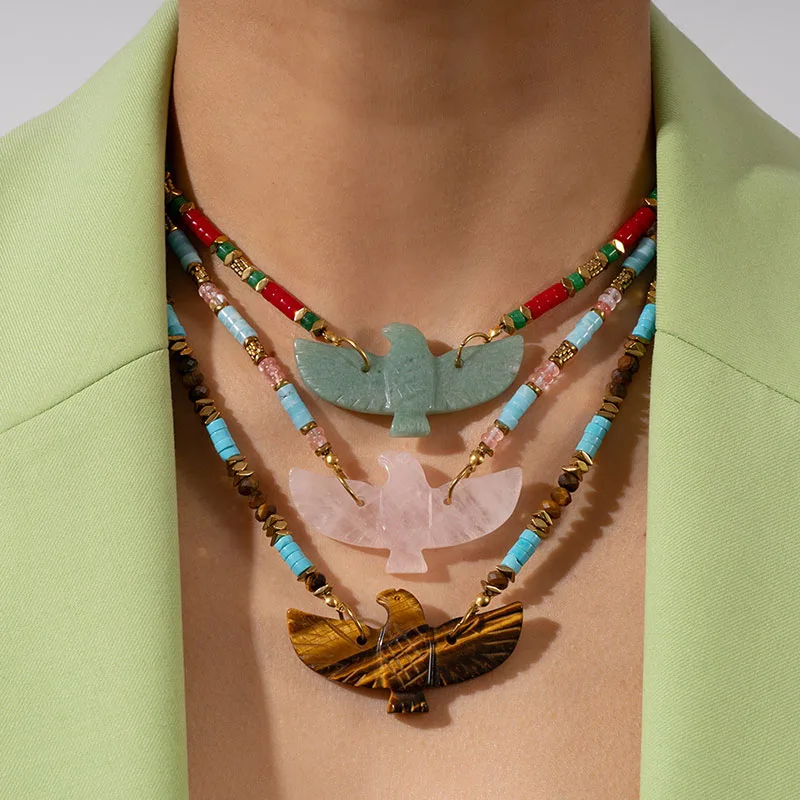 

New Colorful Natural Stone Eagle Stainless Steel Handmade Bead Fashion Temperament Short Necklace for Women Party Jewelry
