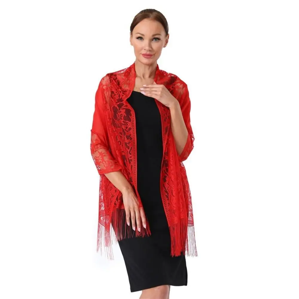 Свадебные аксессуары с кружевной шалью с кисточками, полая однотонная вечерняя накидка для выпускного вечера, тюлевая шаль для косплея
