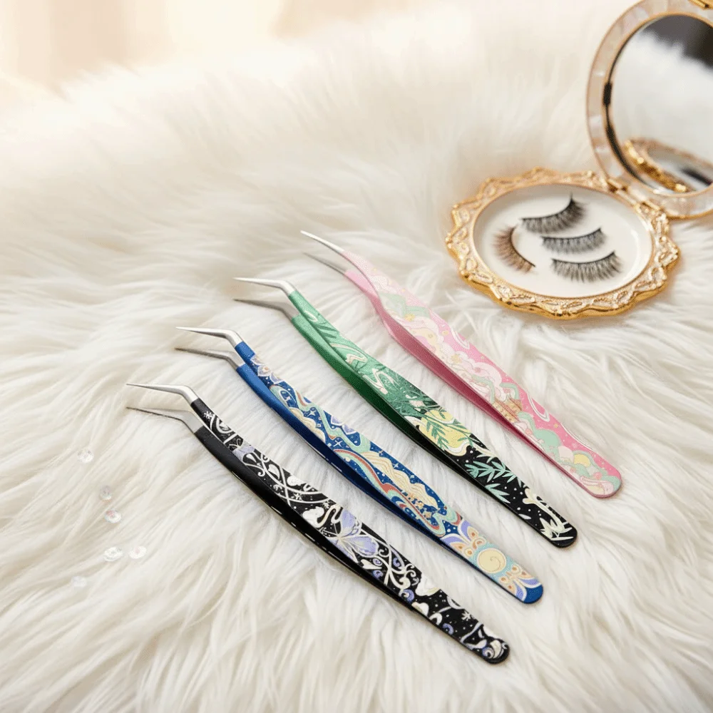 Metal Curved Stickers Tweezers Anti-static High Precision Lashes Extension Tweezer Cartoon Bean Tweezers