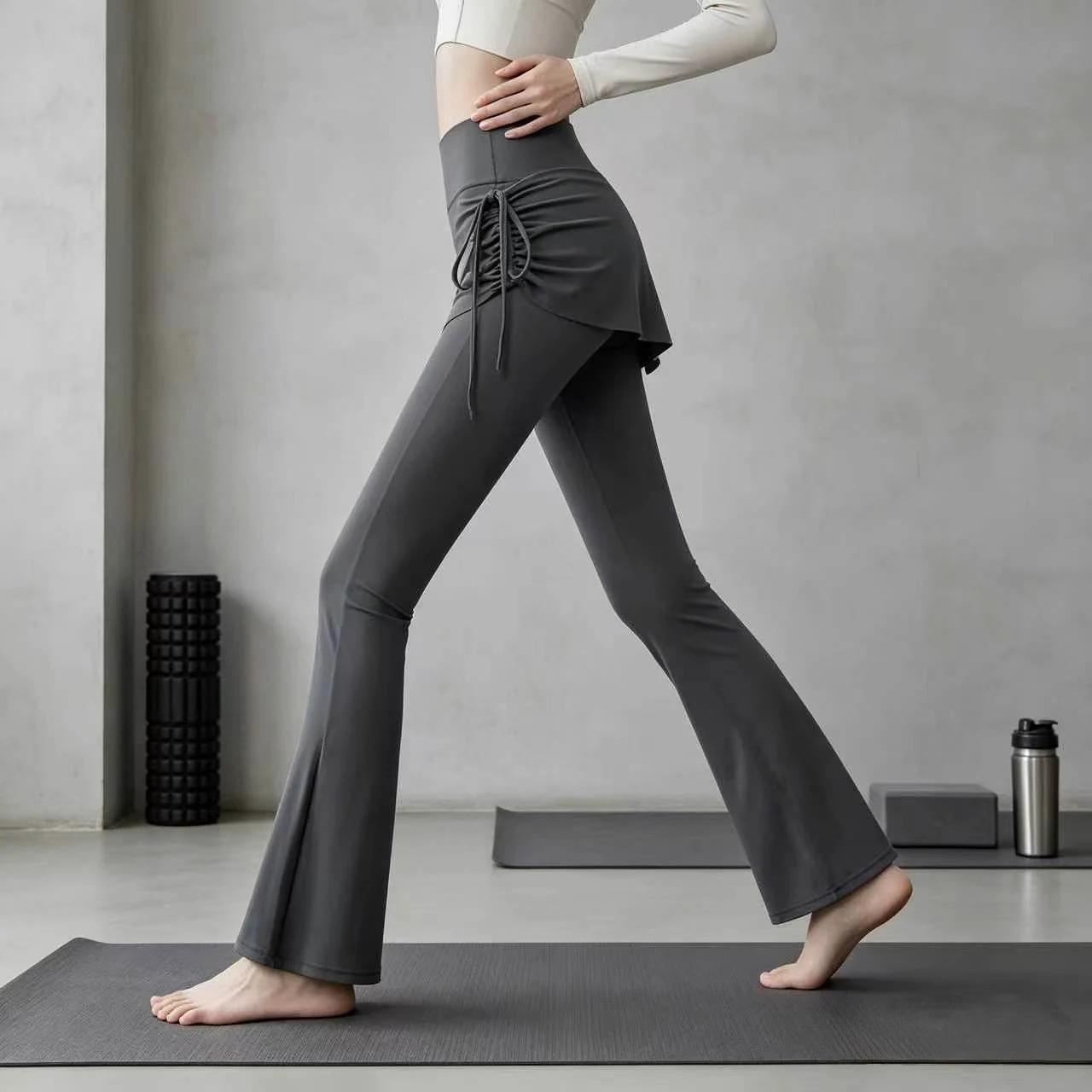 Fake Two-Piece Flared Yoga Pants for Women, High-Waisted with Drawstring, Tummy Control, Anti-Exposure, Thin Sports Leggings for Outdoor Wear