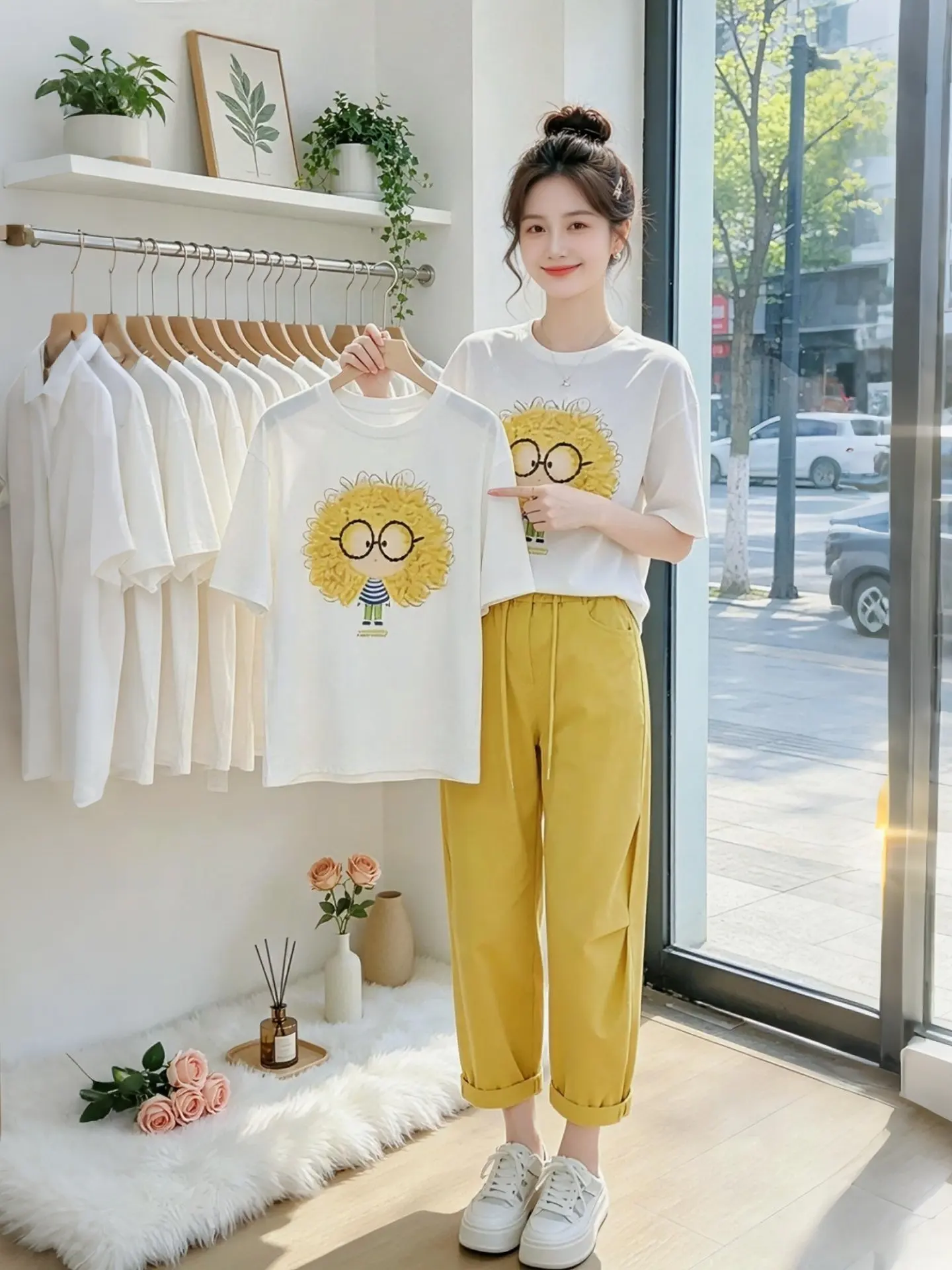 

Fashionable Short Sleeve T-Shirt And Wide Leg Pants Set for Women Breathable Lightweight Summer Outfit Cartoon Print Commute ...