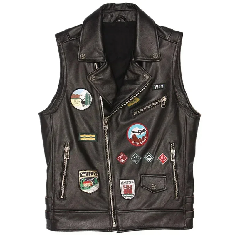 Motorcycle Leather Vest Patches 100% Real Cowhide Slim Fit Biker Men Motor Waistcoat Jacket Sleeveless M449