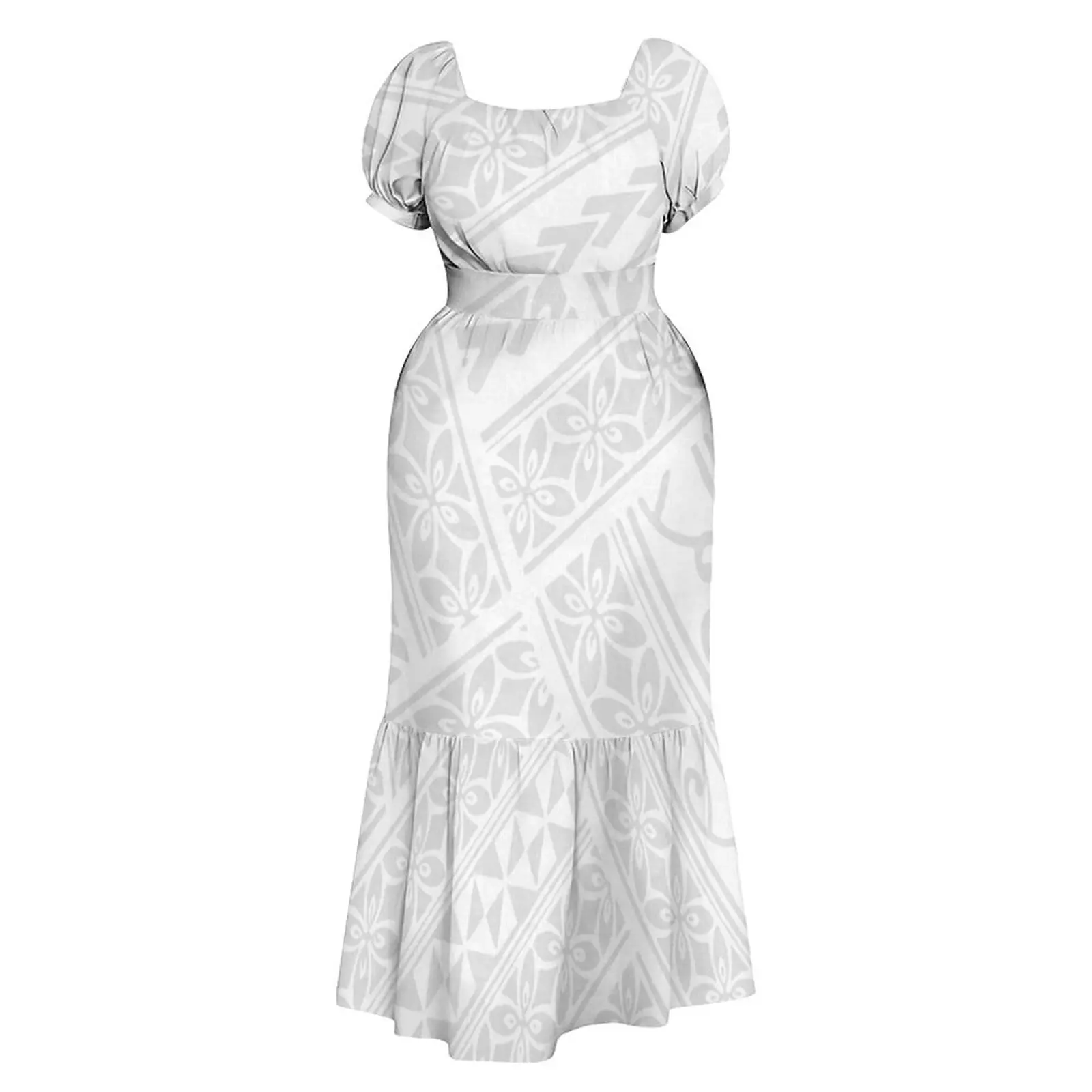 White Dress for Mother's Day Women's Midi Dress with Polynesian Pattern Design Samoa Island Custom Retro Art Short Sleeve