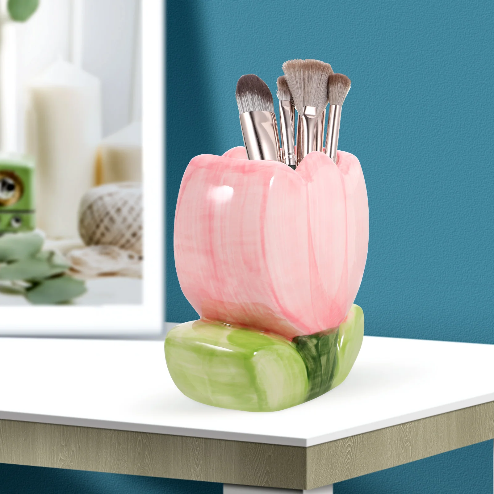 

Ceramic Tulip Pen Holder Simple Stylish Desktop Organizer Large Capacity Pen Pencil Storage Container Decorative Desk Organizer