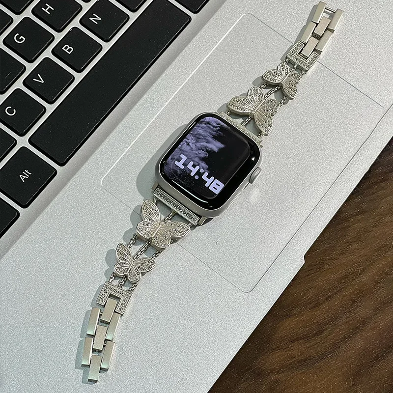 Correa de Metal con diamantes de mariposa para Apple Watch, accesorios para pulseras de reloj de 22mm, 38mm, 40mm, 41mm, 42mm, 44mm, 45mm y 49mm