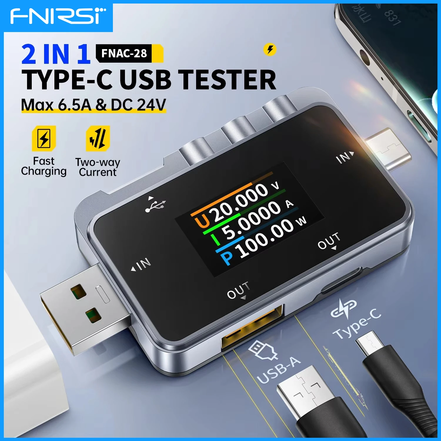 FNIRSI FNAC-28 Type-C USB Tester Digital Voltmeter Ammeter Max 6.5A DC 24V Cable Charger Fast Charging Protocol Testing