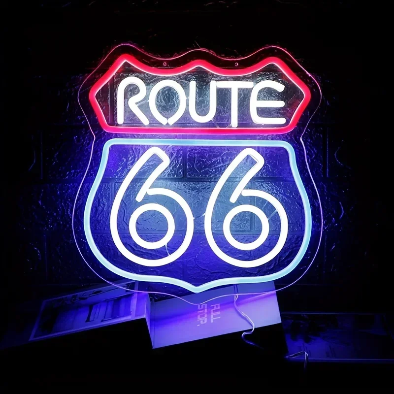 66 Route Led Neon Sign, Used For Wall Decor, Usb Powered, Used For Room, Club, Bar, Game Room, Man Cave Aesthetic Wall Lamp.