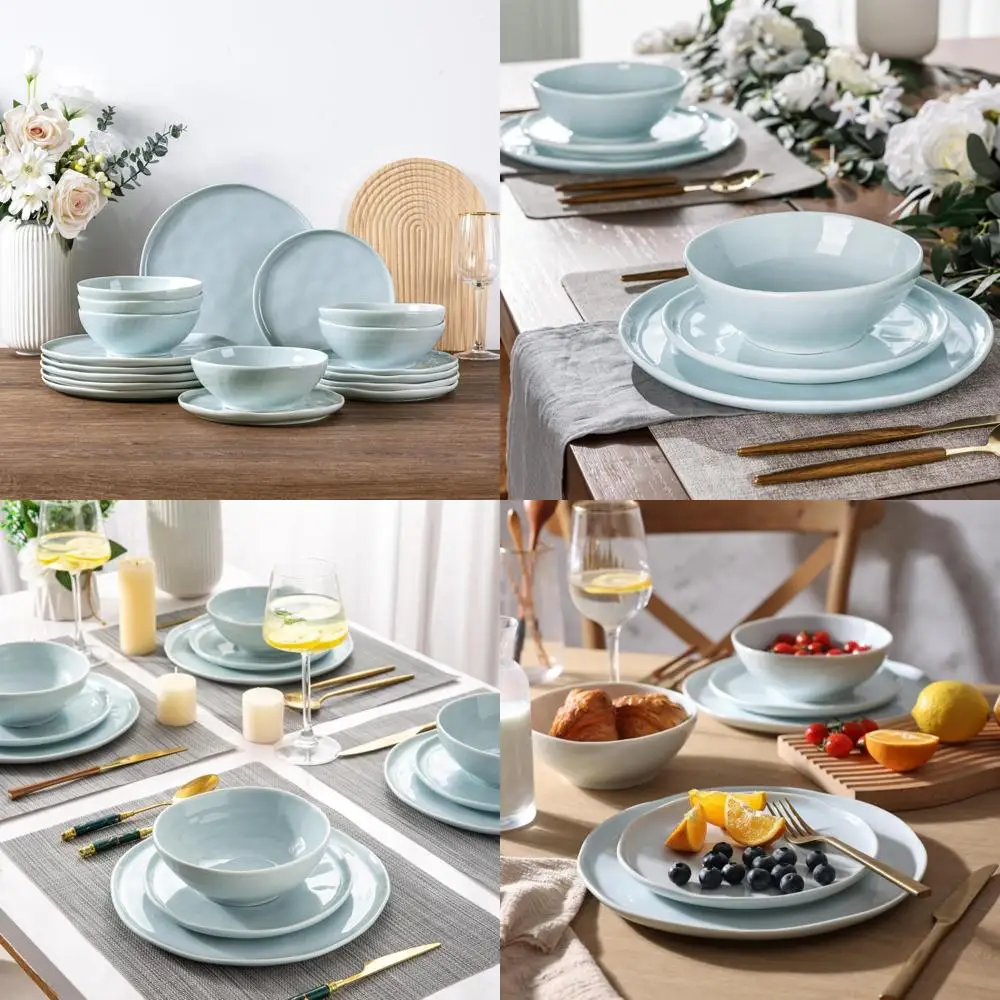 

Ceramic Dinnerware Set for 6, Wavy Edge Porcelain Plates and Bowls, Safe for Microwave, Dishwasher, and Oven, Lightweight