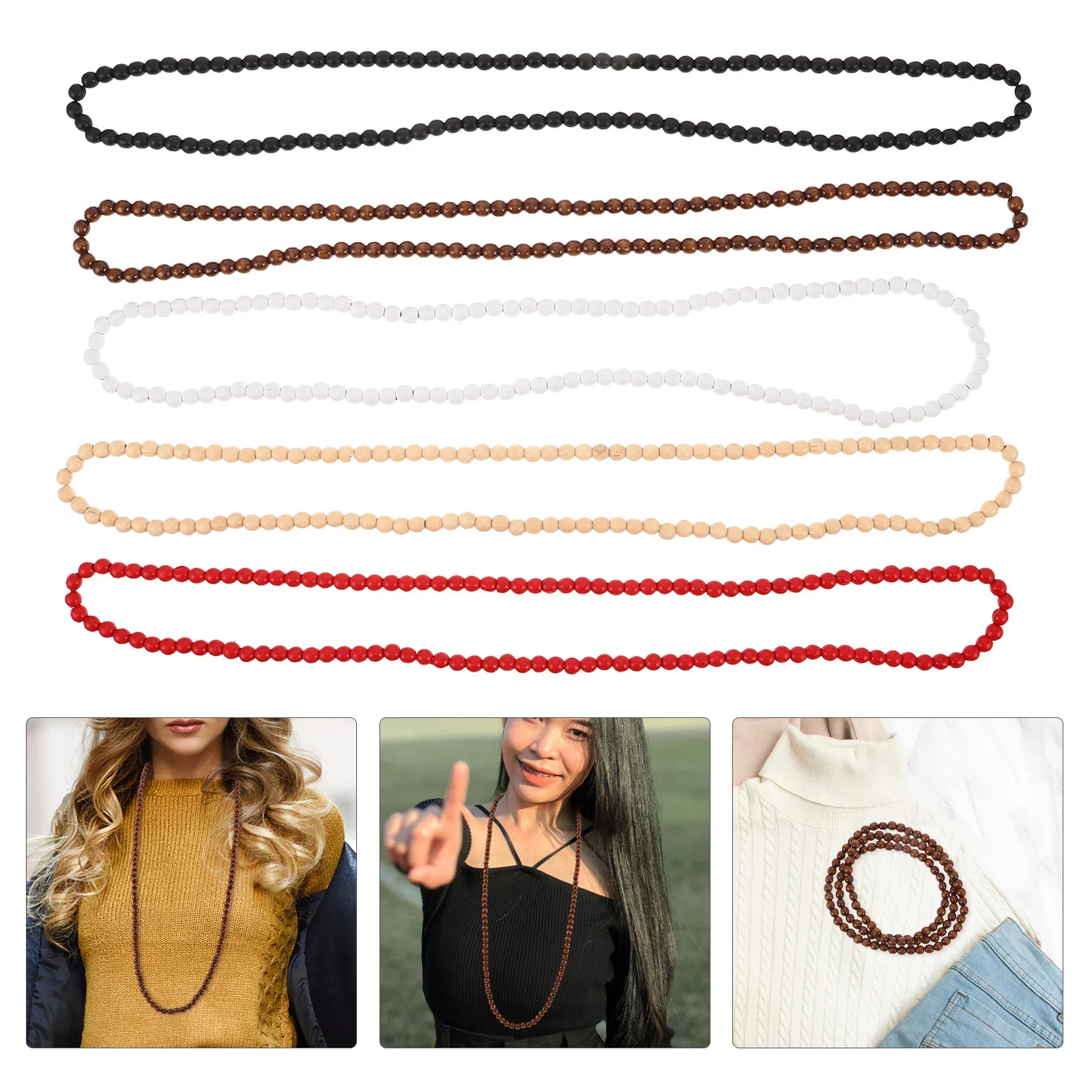 

5Pcs Wood Beaded Necklace Natural 8mm Round Beads African Tribal Rustic Style Hip Hop Party Daily Wear Necklace for Men Women