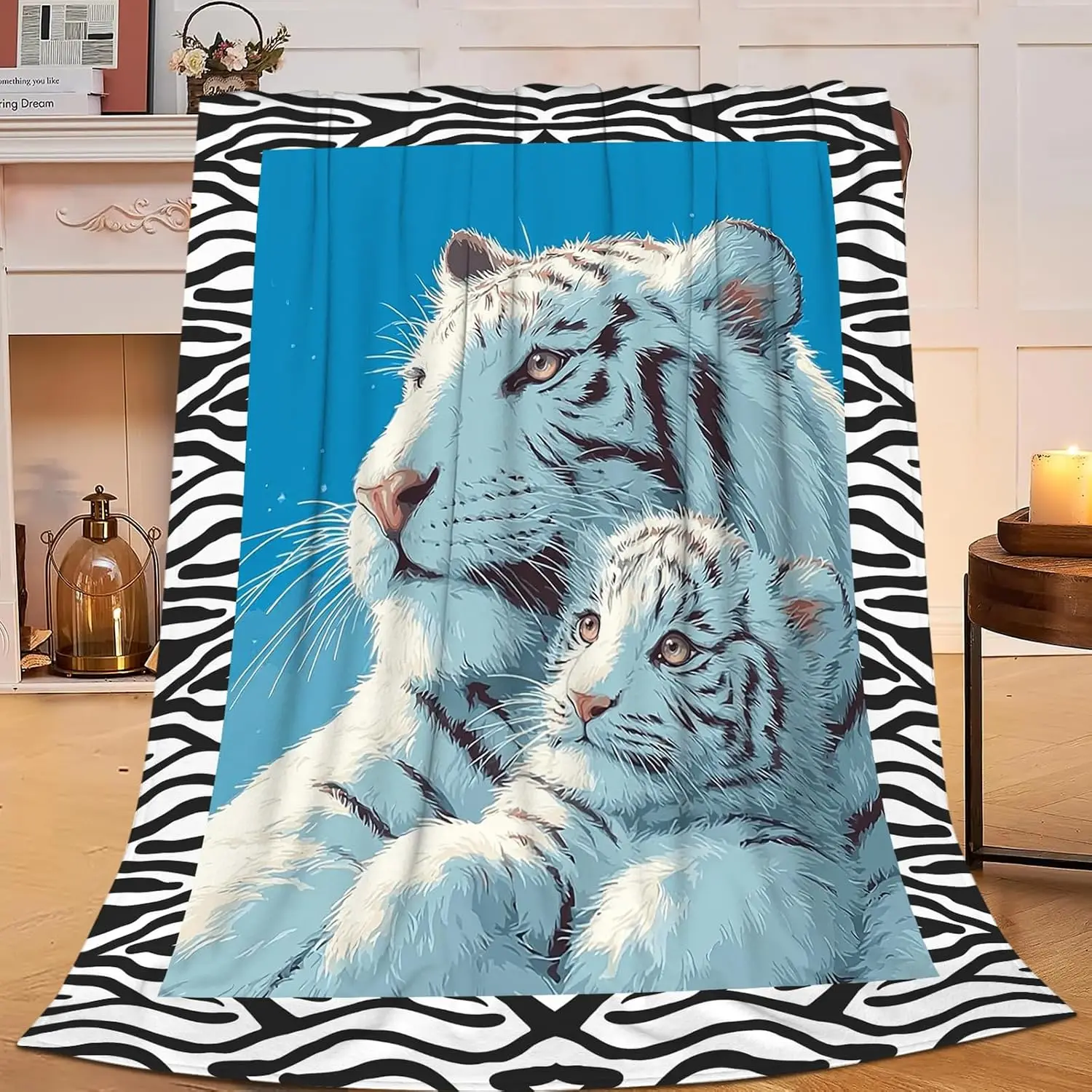 Zebra Border White Tiger Mother And Cub Blue Background Print Soft Flannel Blanket for Bedroom Wild Cute Warm Home Decor