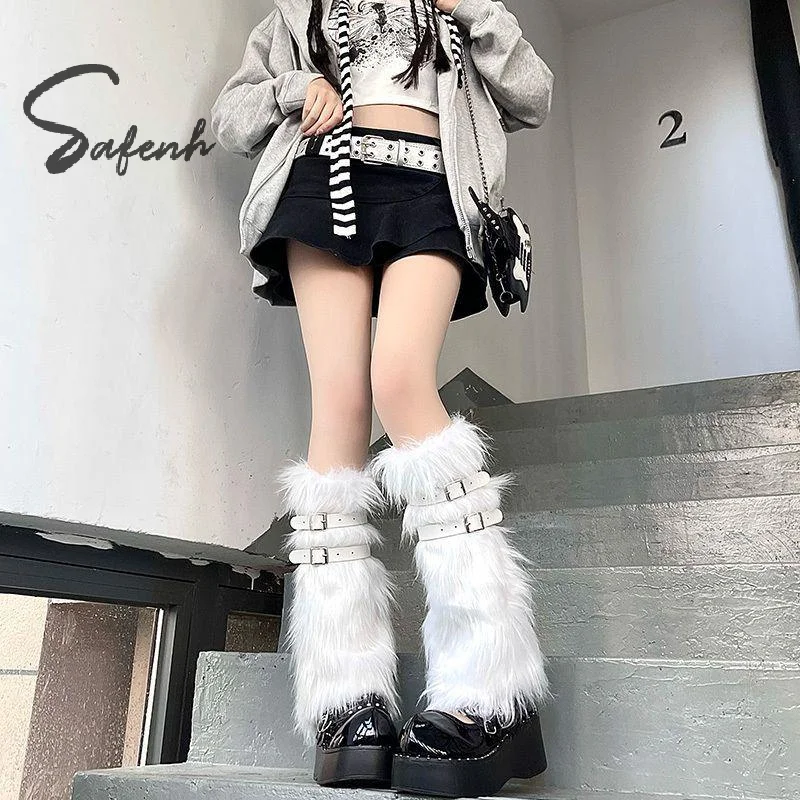 Women Leg Warmers Faux Fur Sock Boot Covers Pink Buckle Design Spice Girl Y2K Style JK Fashion Stackable Winter Wear