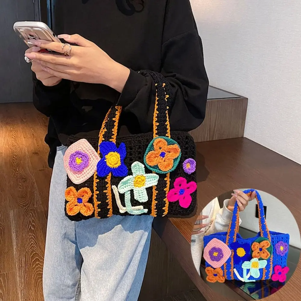 Trendy Flower Hand Knitted Tote Bag Large Capacity Hollowed Out Handbag Casual Shoulder Bag Reusable Shopping Bags Woven Handbag