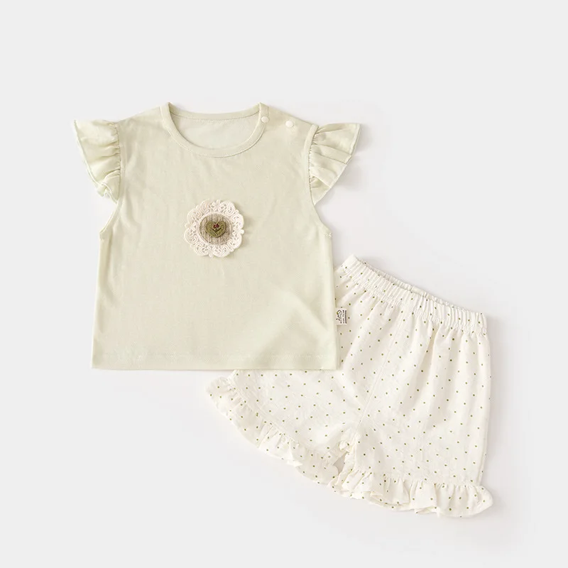 Baby Short-Sleeved T-shirt Suit Home Wear Thin Summer Girls' Shoulder Open Shorts Loose Baby Outerwear Ice Skin Cotton
