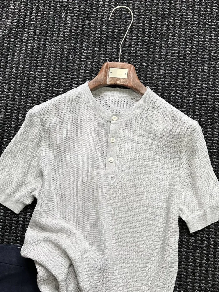 Summer Men Streetwear Henry Collar Linen Short Sleeve T Shirt Casual Knitted Breathable Tees Tops Fashion Pullovers Men T Shirts