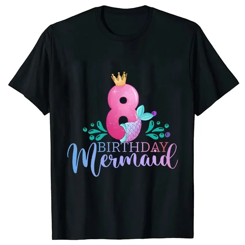 Fashion Mermaid Birthday Girls Party T-shirt 1 2 3 4 5 6 7 8 9 10 Years Old Tops Unisex Kids Black Tees Matching Family Clothes