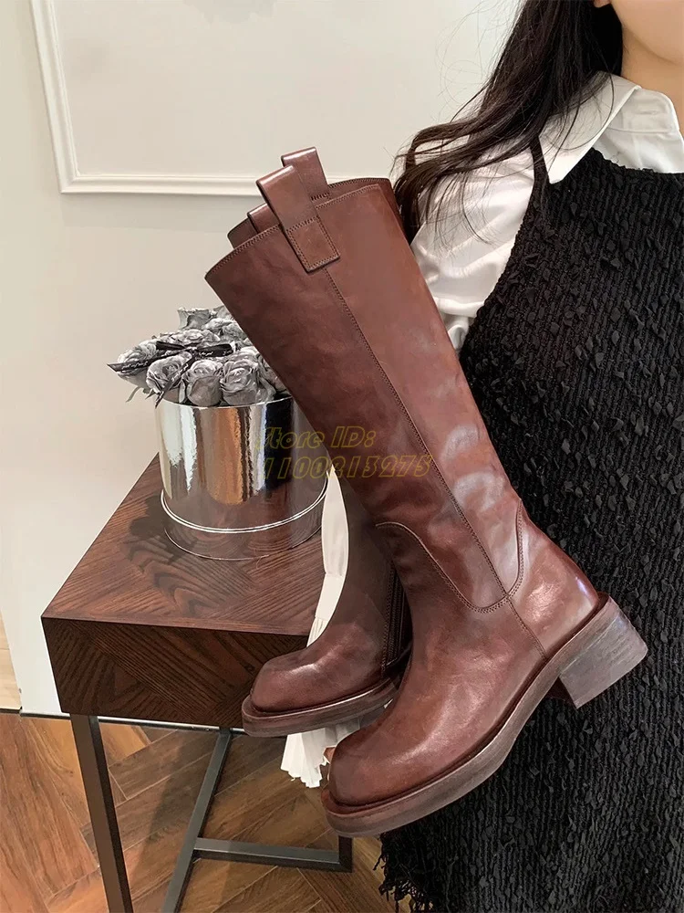 Leather Knee High Chunky Heel Boots Side Zipper Round Toe 2025 New Arrivals Women Winter Autumn Dress Shoes Classic Black Brown