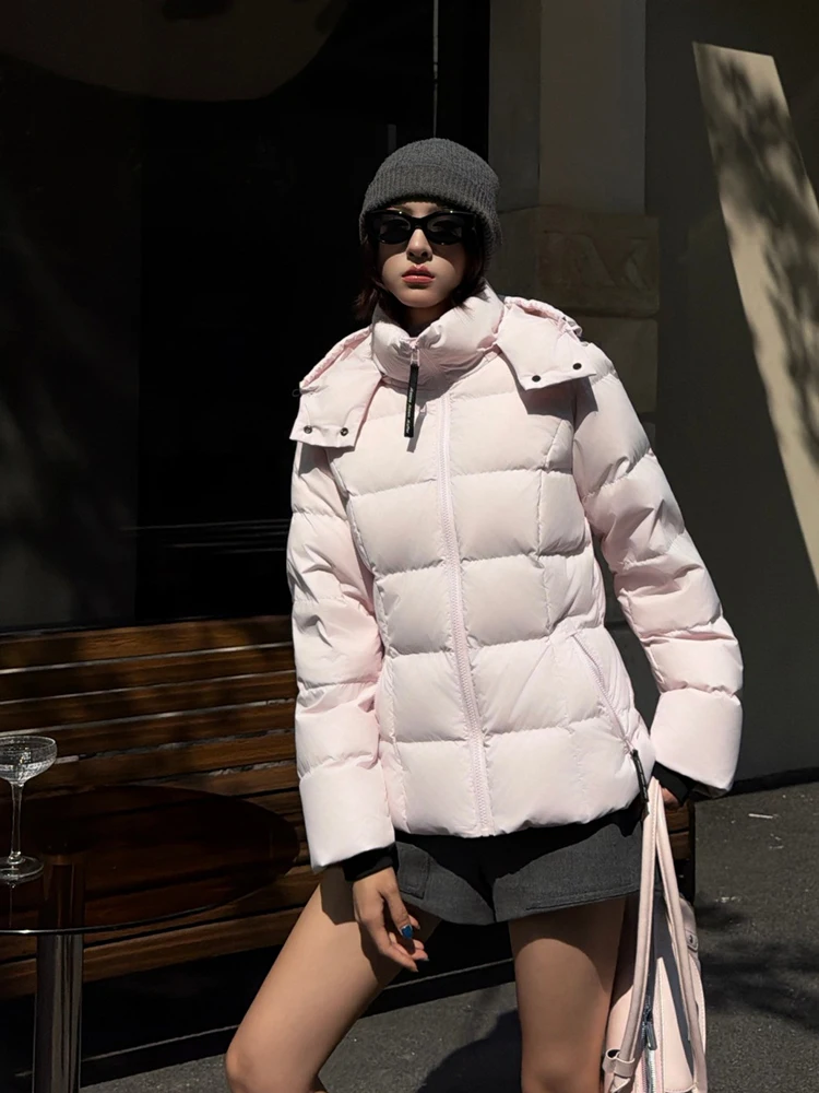 Winter Warm Thick Zipper Bread Down Jacket Female Waterproof Hooded Grid Down Jacket Women White Duck Down Fluffy Puff Outwears