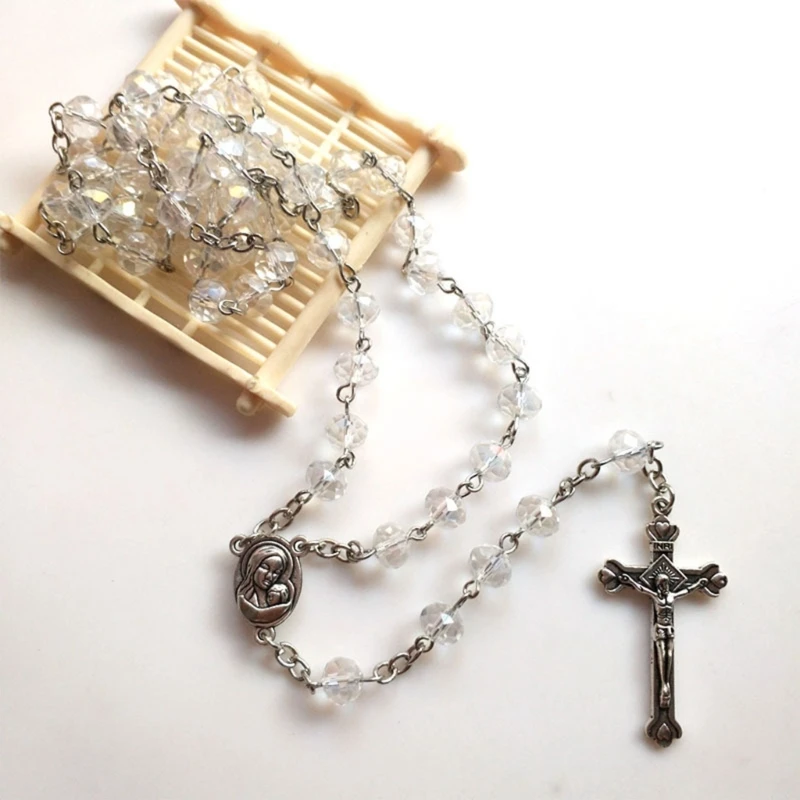 Bílá broušené sklo růženec náhrdelníky krucifix náboženské šperků pro ženy dar