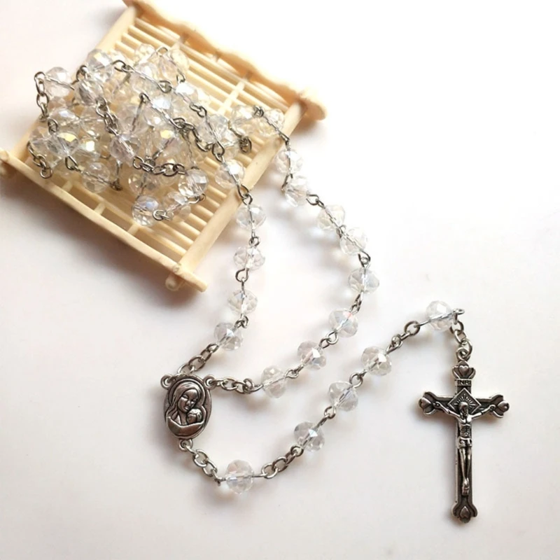 White Crystal Rosary Necklaces Crucifix Religious Jewelry for Women Gift