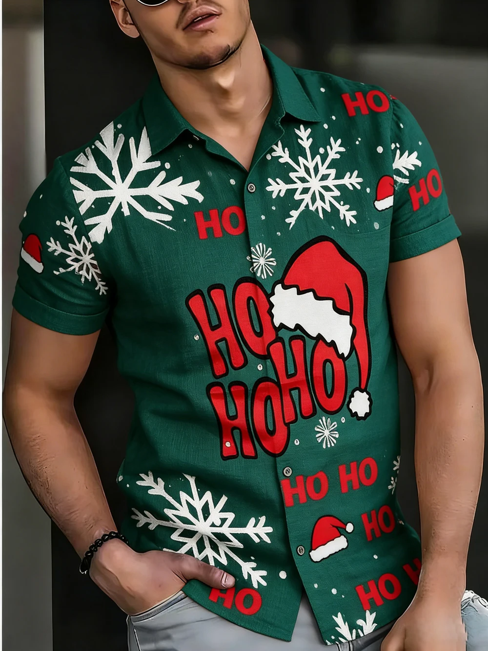 Men's New Short-sleeved Linen Christmas Hat Funny 3D Printed Multi-color Shirt Hawaiian Casual Shirt Outdoor Party Clothes Men