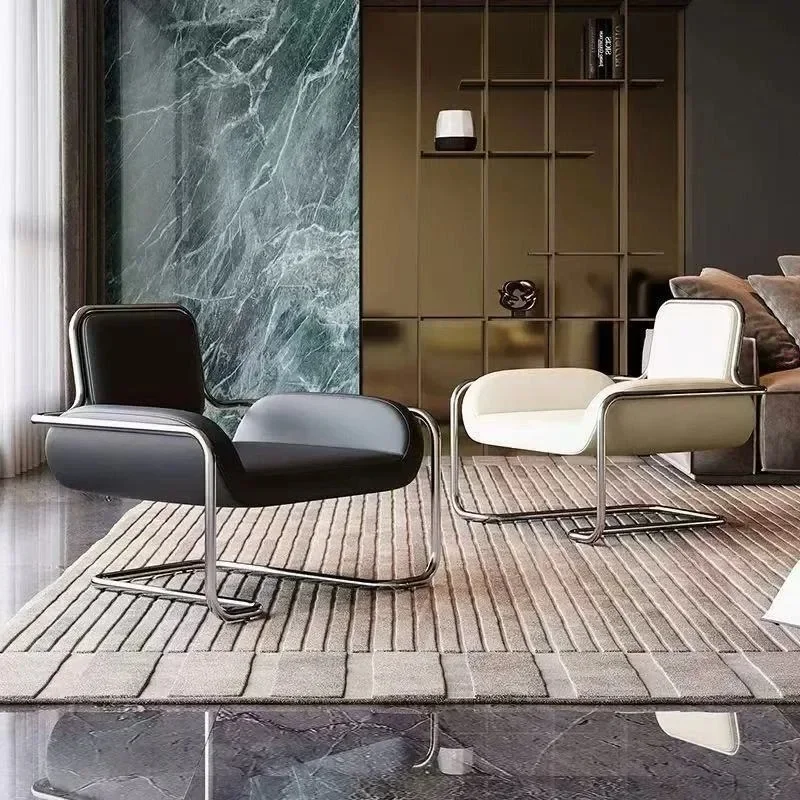 Bauhaus Style Leather Accent Chair Stainless Steel Frame Modern Lounge Chair for Living Room Office Reception