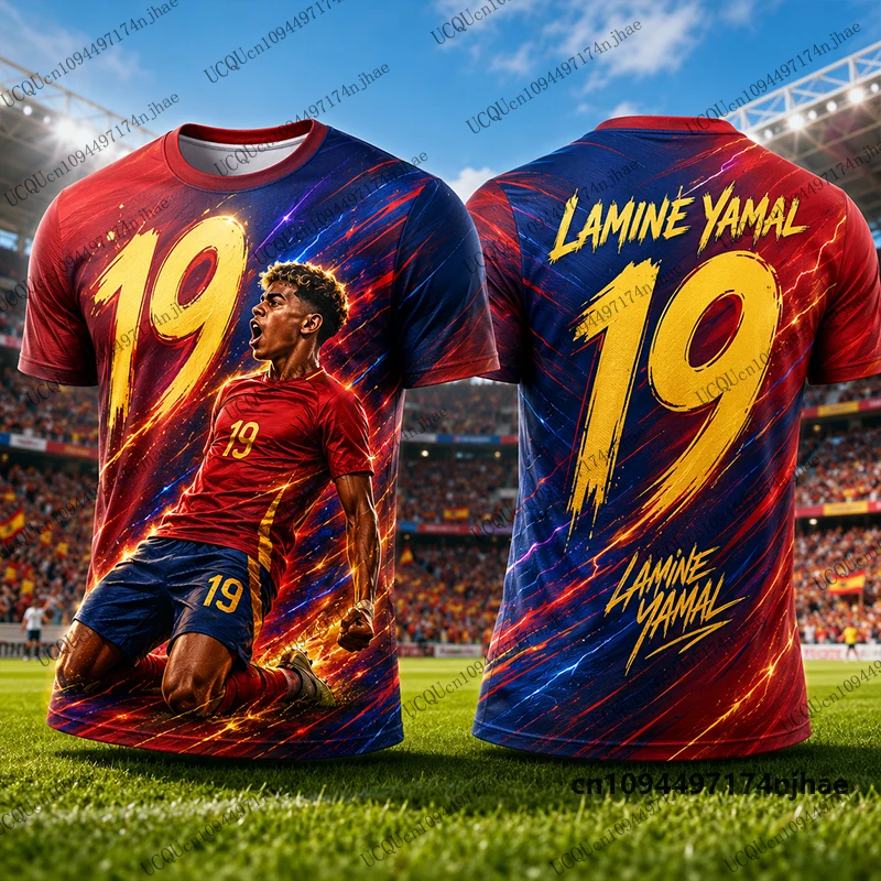Neues 2027 Special Yamal Nr.19 Bedrucktes Fußballtrikot Herren T-Shirt Sommer Sport Schnelltrocknend O-Ausschnitt Tees Lässige Kinder-/Erwachsenen-Oberteile
