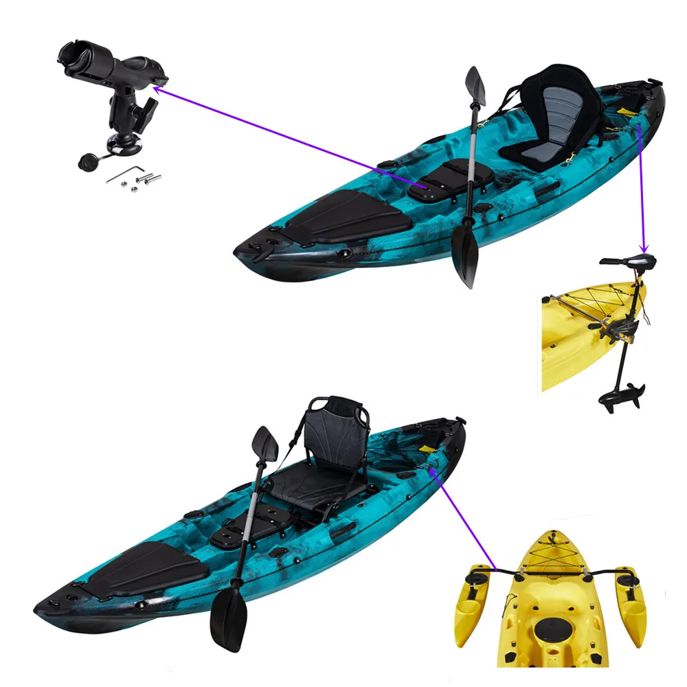 Lake River-barco de remos individual de plástico para 1 persona, Kayak de pesca recreativo moldeado Roto con Motor de asiento de paleta