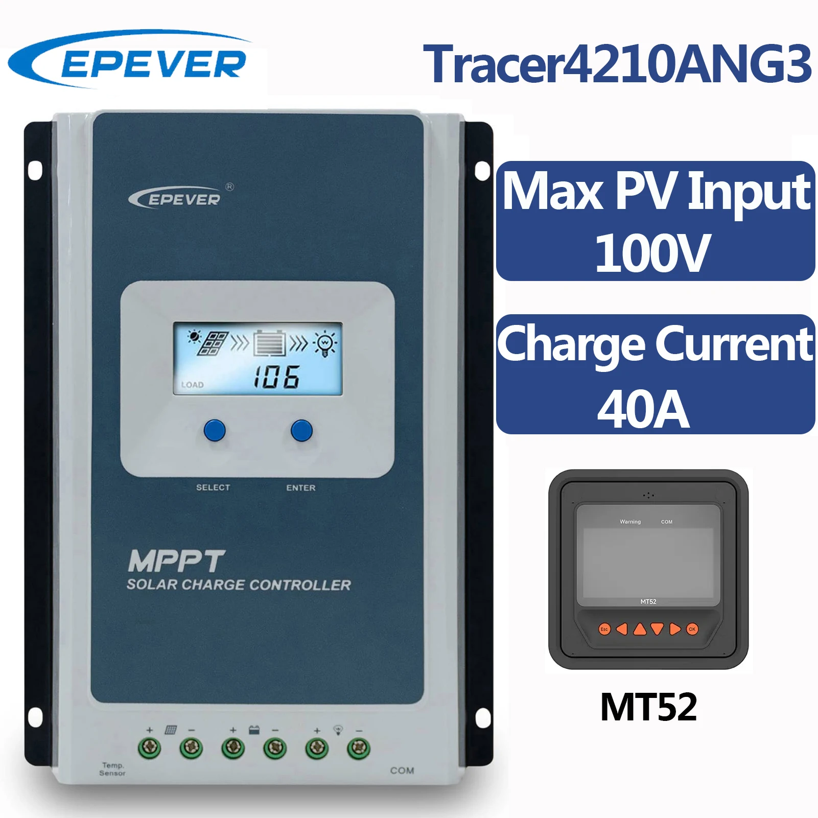 EPEVER Upgrade 40A MPPT Solar Charge Controller Max PV Input 100V Battery Voltage 12V 24V