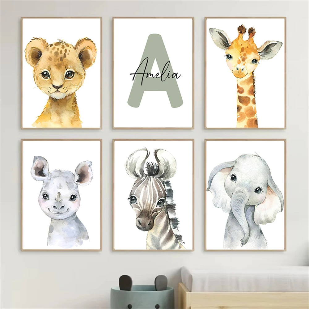 

Custom Jungle Animal Canvas Print Personalized Name Poster Lion Zebra Wall Art Nursery Painting Pictures Baby Kids Room Decor