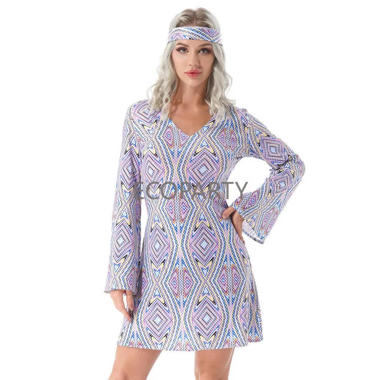 Women Floral Fashion Mini Dresses Hippie Girl Costume Flare Sleeve 70's Disco Dress Ladies Party Clubwear Retro Hippy 70s Dress