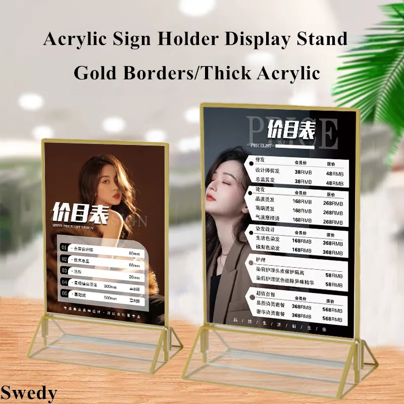 127x178mm Acrylic Wedding Table Number Sign Holder Stand Gold Borders Poster Picture Photo Frames Restaurant Menu Recipe Holder