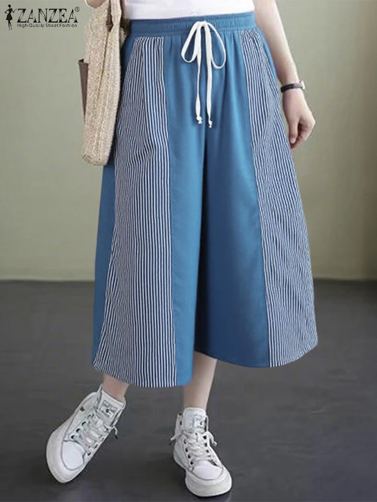 Striped Capris Women Casual Loose Pants Elastic Waist Trousers Fashion Color Patchwork Lace-Up Wide Leg Pants ZANZEA 2025