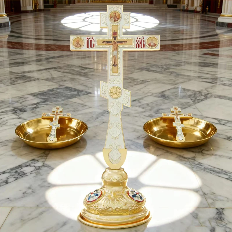 Neues Orthodoxes Kruzifix, vergoldetes Standkreuz mit religiösen Porträts, christliche Altardekoration für Zuhause, orthodoxes Geschenk – Detail 7