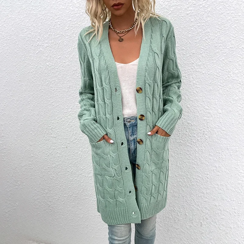 New Womens Knitted Sweater Autumn/Winter 2023 Long Fried Dough Twists Sweater Womens Button Cardigan