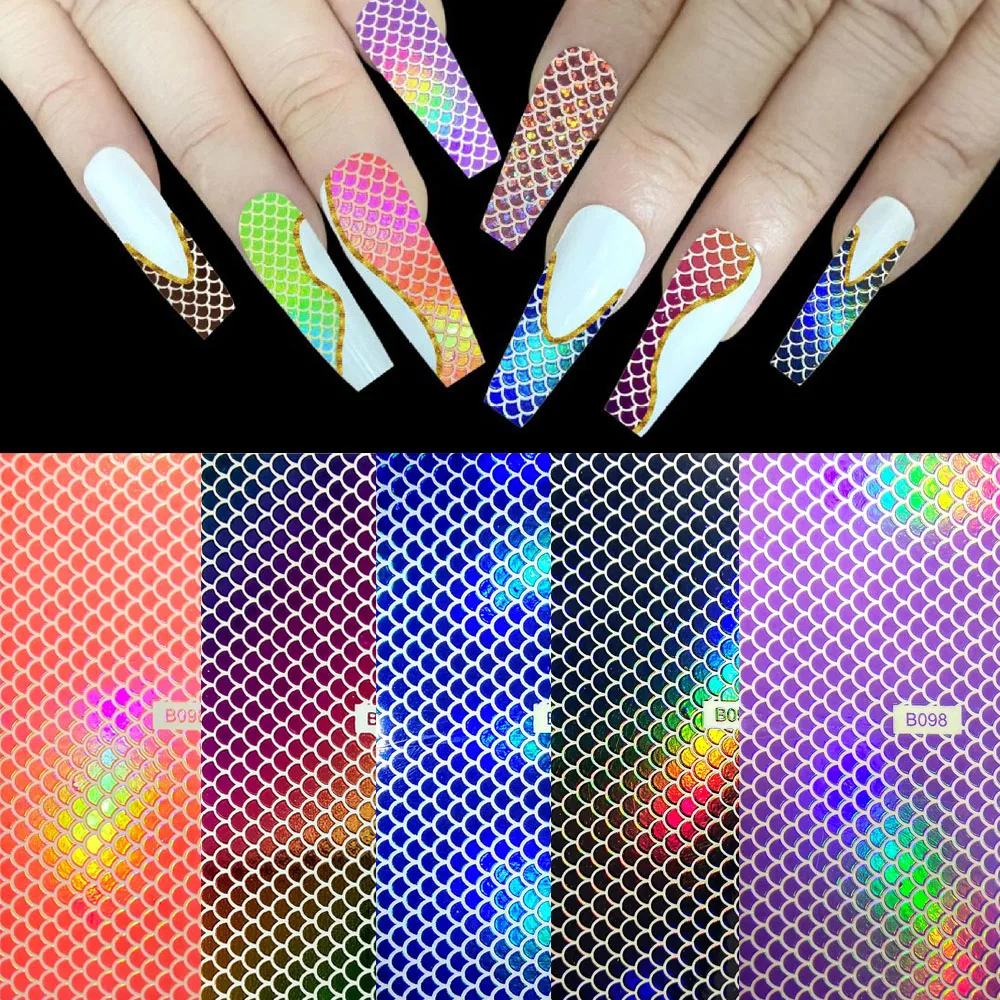 12pcs/Set 3D Neon Snake Skin Nail Art Sticker Colorful Fluorescent Fish Scale Design Laser Decoration Self-Adhesive Slider Decal