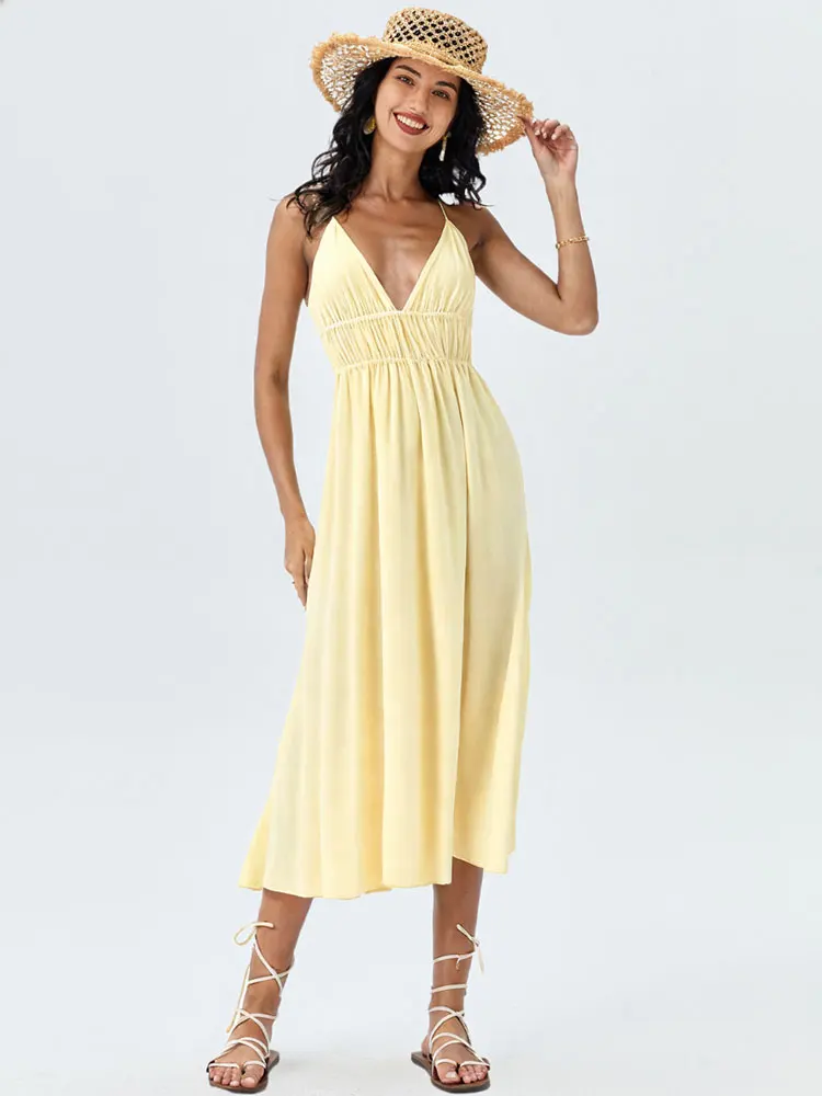 Casual zomerjurk voor dames V-hals rugloze losse midi-jurken Vakantie strandstijl Chique elegante sexy vrouw gele jurk