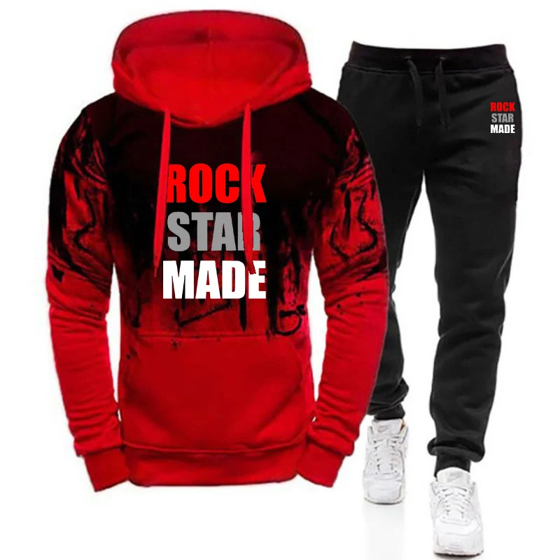 2025 Rock Goth Rap vintage Letter Print Men's Spring Autumn New Gradient Color Hooded+Casual Pants Harajuku Two Piece Suit