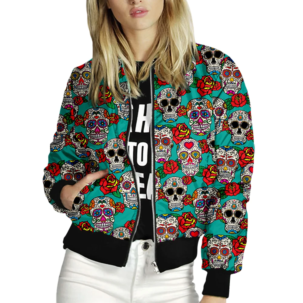 Women\'s Jacket Tops Long Sleeves Skull Print Baseball Collar Zipper Coat Slim Fashion Lady Girls bomber Jacket Street Style