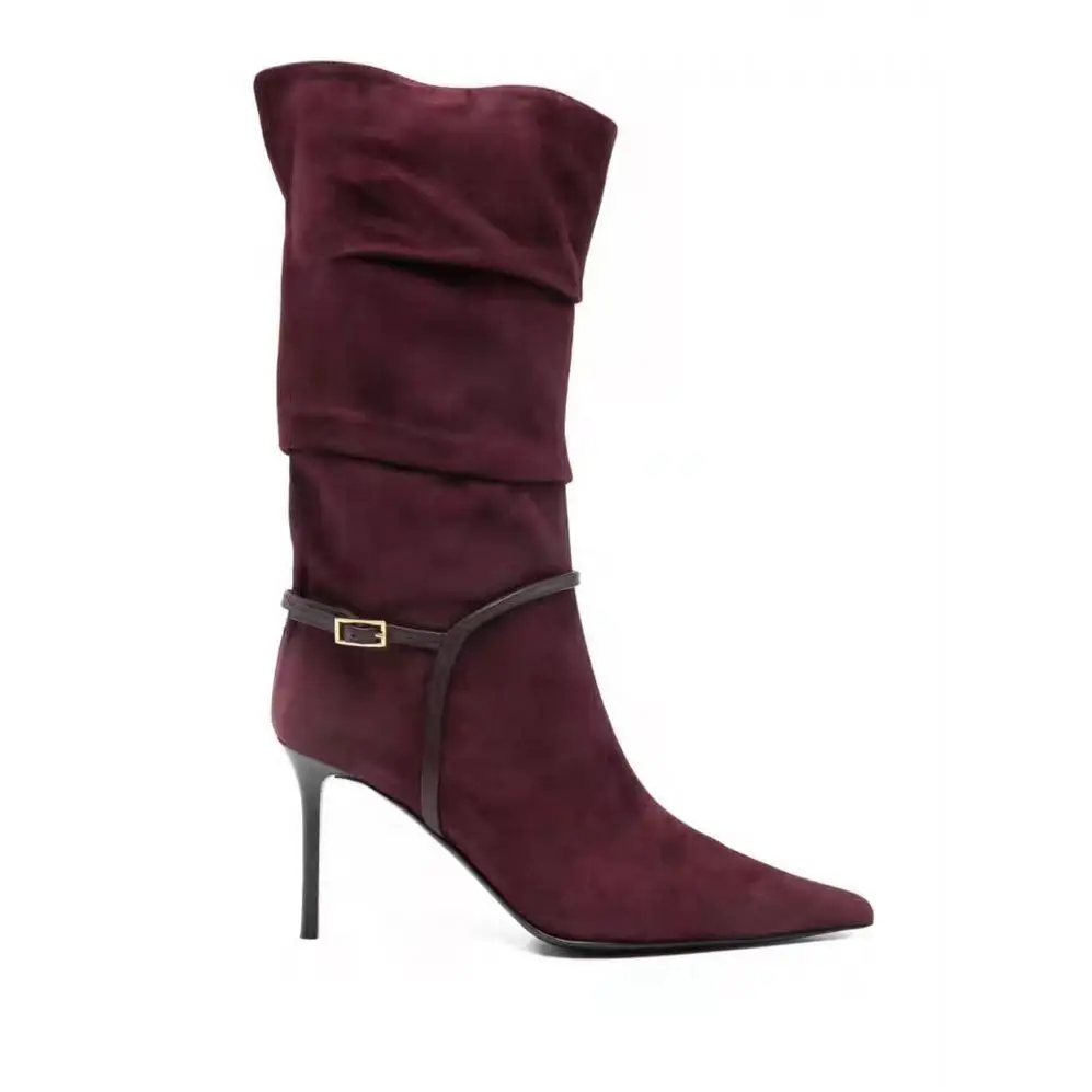

Женские замшевые сапоги до середины икры, дизайн с рюшами, острый носок, шпилька, высокий каблук, пряжка, декор, стильные элегантные эластичные ботинки с высоким берцем