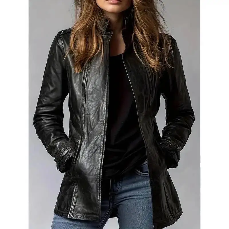 

European And American Women's Leather Jacket Stand Collar Long Sleeves Retro Fashion Gothic PU Leather Jacket 2026 Streetwear
