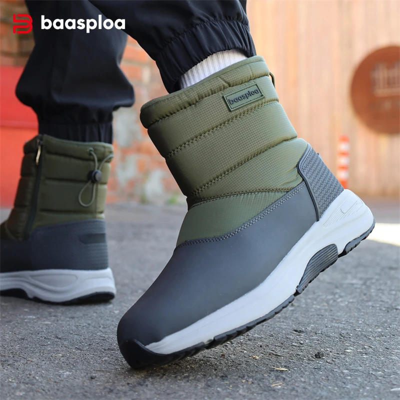 Baasploa Men Snow Boots Winter Waterproof Zipper Ankle Boots New Fashion Plush Warm Cotton Walking Shoes Male Non-Slip Outdoor