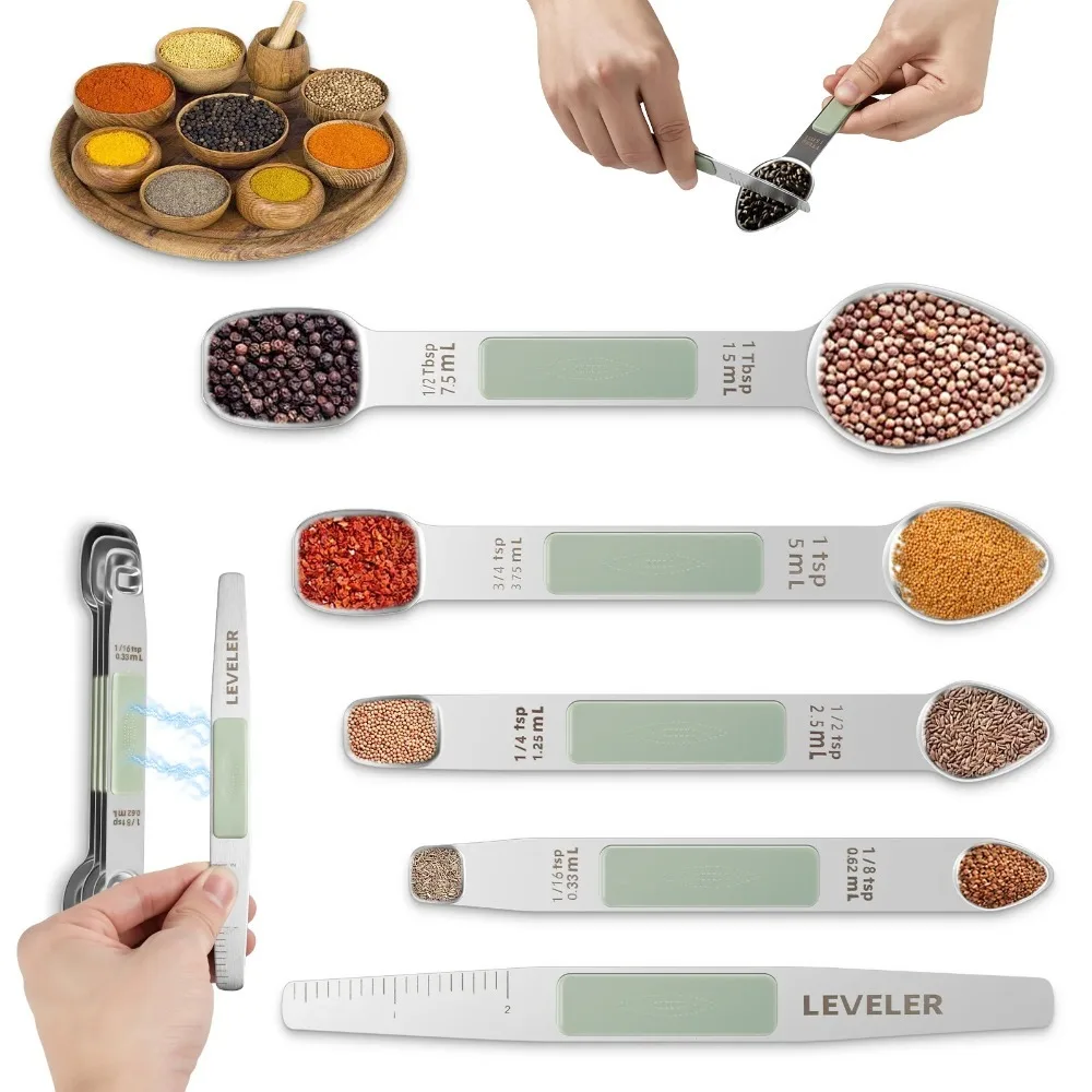 5PCS/SET Stainless Steel Magnetic Measuring Spoon Dual Head with Leveler Seasoning Spoon Non-slip Design Graduated Markings