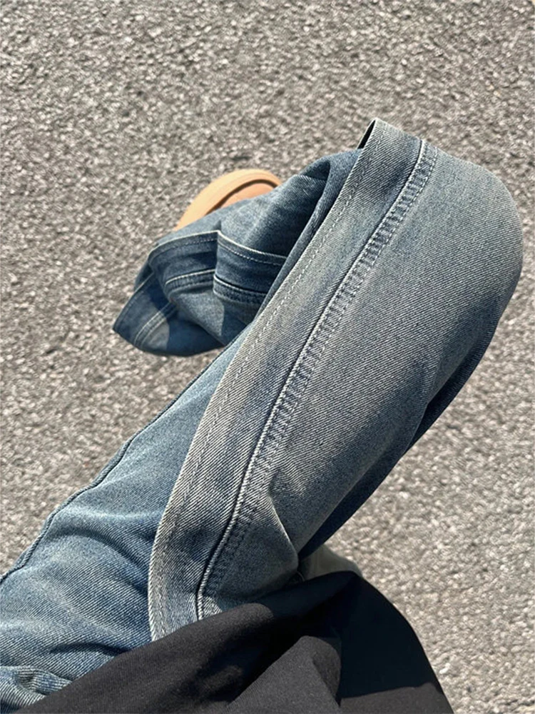 

Cool Men's Denim Jeans High Street Sle Fake Two-Piece Knife Straight Leg Trousers Trendy Casual Cotton Polyester Blend